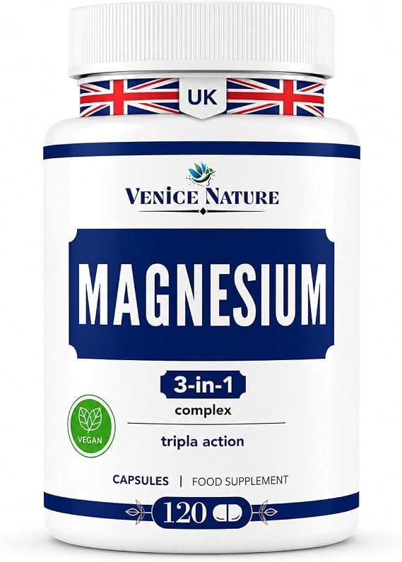 Magnesium 3-in-1 Complex 400mg of Elemental, High-Strength Magnesium Supplement, 120 Vegan Capsules, Supports Muscle, Bone & Energy - Venice Nature.