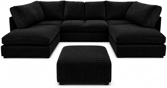 Generic U Shaped Cord Sofa - Back Cushion Sofa with Memory Foam Seating & Removable Covers - Versatile for Living Room, Bedroom, Office (Black, Full Back)
