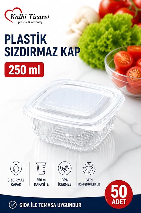 Plastik Saklama Kabı 250 gr 50 Adet Plastik Kapaklı Kase Sızdırmaz Kap Şeffaf Kullan At Kase