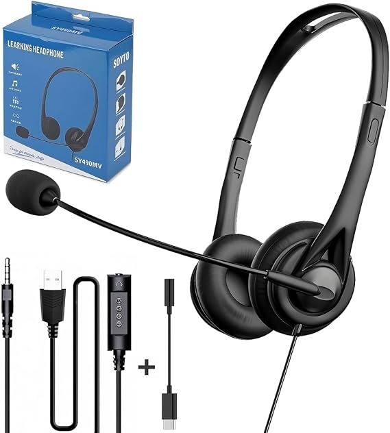 USB Headset with Microphone for PC Laptop, 3 in 1 Wired Headphones with Noise Cancelling Mic & Audio Controls, Adjustable Headset for Office, Call Center, Online Classes, Teams, Zoom, Skype