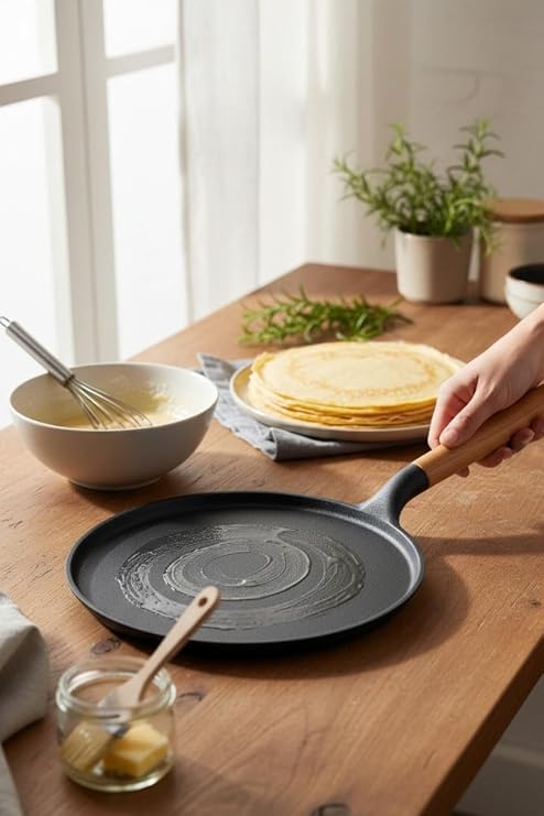 Granit Döküm 29cm Krep Tavası, Gözleme Tava, Çıkarılabilir Ahşap Sap