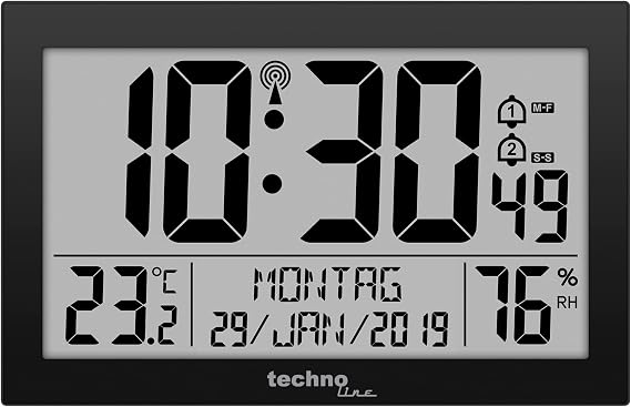 Technoline Dirgitale Modern Radio-Controlled Wall Clock in Black, Acrylonitrile Butadiene Styrene, Black, 225 x 24 x 143 mm