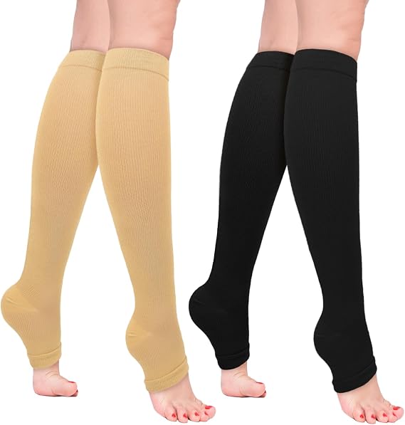 2 Pairs Open Toe Compression Socks Women Men, 20-30 mmHg Flight Compression Socks for Women, Toeless Pressure Socks for Calf Support