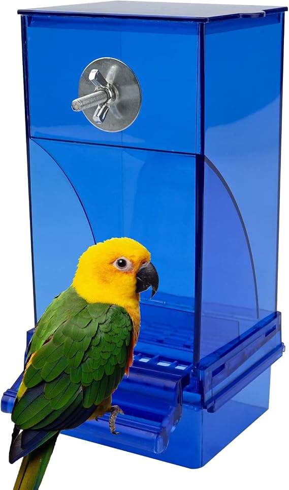 Automatic Bird Feeder No Mess Bird Feeder Acrylic Bird Cage Feeder Hanging Seed Food Container Perch Cage Accessories for Small Medium Budgerigar Canary Cockatiel Finch Parakeet Easy to Install Clean