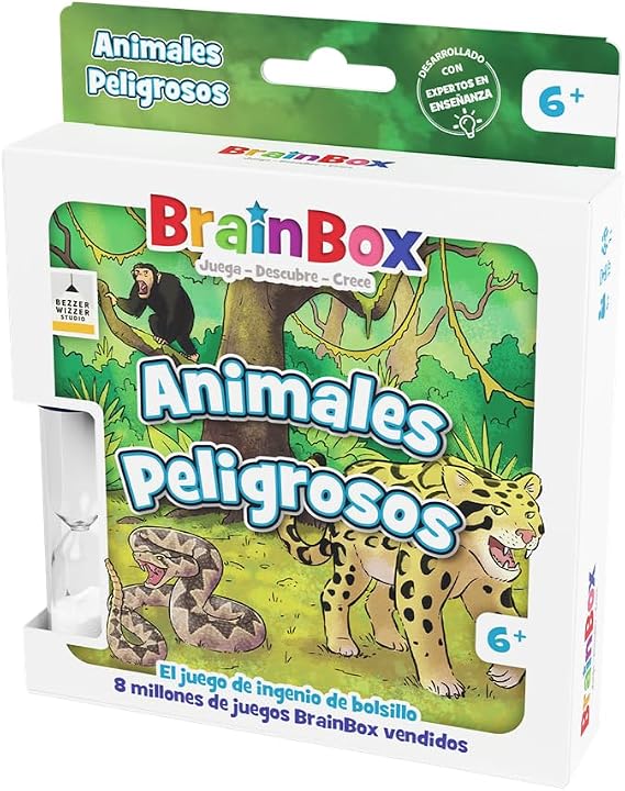 Beezerwizzer Studio BrainBox Pocket Dangerous Animals Card Game, from 6 Years, from 1 Player, 10 Minutes per Game, Spanish