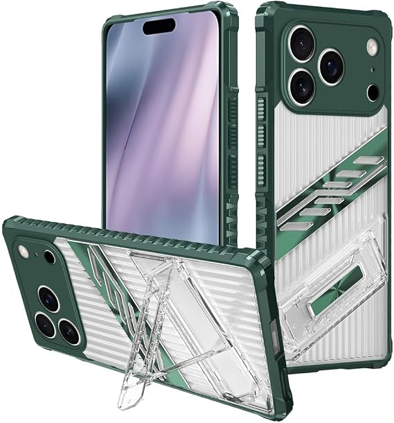 iPhone 17 Pro Max/17 Pro/Air/17 için, Kamera Koruyucu Isı Dağılımı Darbeye Dayanıklı Gizli Kılıf Kickstand İnce Kılıf, Yeşil, 17 Pro Max