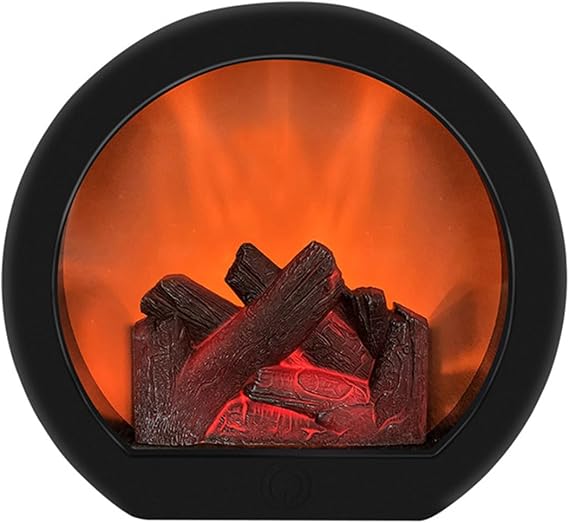 Fireplace Lantern With LED Simulation Log Flame Effect - Decorative Flameless Portable Light, Touch Switch, for Home Christmas Decor (Round)