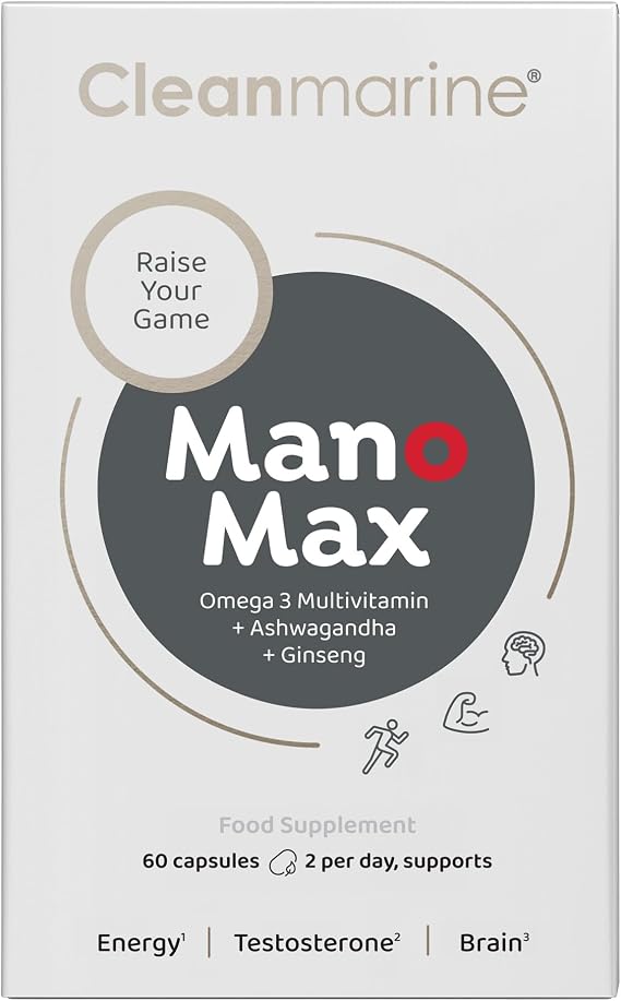 ManoMax - Men's Multivitamin - Omega 3 with Vitamins B1, B6 & D, Zinc, Selenium, Ashwagandha, Ginseng & Co Q10 – Supports Testosterone, Energy Levels & Cognitive Function - 60 Capsules