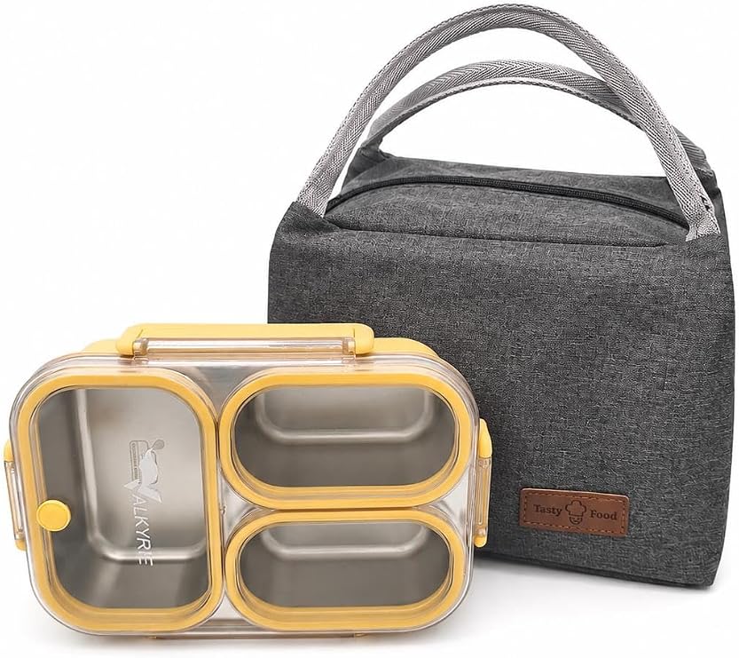 Valkyrie 304 Paslanmaz Çelik 3 Bölmeli Sarı Lunch Box Termal Çantalı – Sızdırmaz Kapaklı Beslenme Kabı,