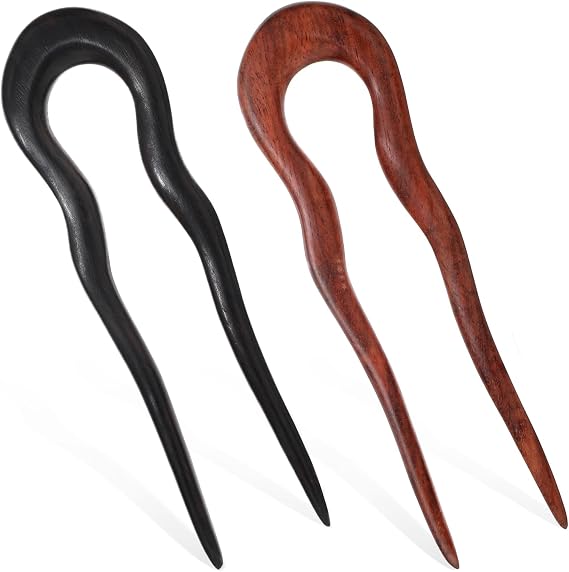 2Pcs Wooden Hair Sticks for Women U Shape Hair Forks for Long Hair Handmade Carved French Hairpin 2-Prong Vintage Wood Hair Pins for Women Girls Chignon Bun Updo Hairstyle Thin Thick Hair