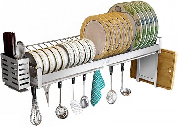 Dish Drying Rack - Wall Mounted Steel Kitchen Organizer & Drainer with Drainboard - Space Saving Design for Efficient Dish Storage