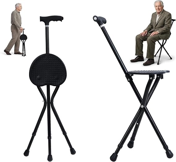 Walking Stick with Light & Seat- Adjustable Folding Walking Sticks for Women and Men - Lightweight Portable Collapsible Balancing Walking Aid - Travel Walking Cane for Ladies Elderly Adults
