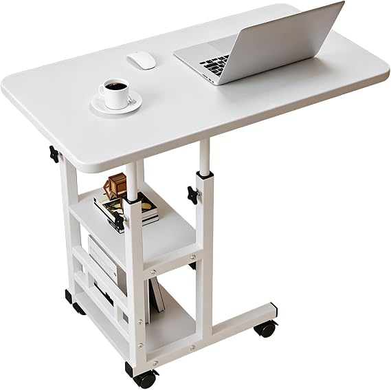 Overbed Table with Wheels, Height Adjustable C Shaped Bed Table for Elderly, Hospital Bedside Laptop Desk with 2 Storage Shelves, Rolling Over Bed Table for Sofa Bedroom Living Room