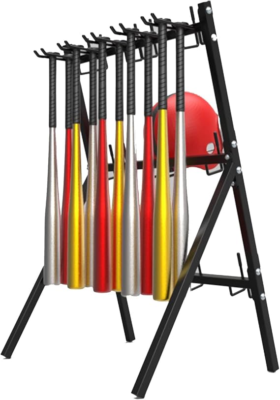 Black Large Capacity Baseball Bats Display Stand Shelf, 2- Sided Multifunctional Sports Equipment Storage Organizers for Helmets/Gloves Hello