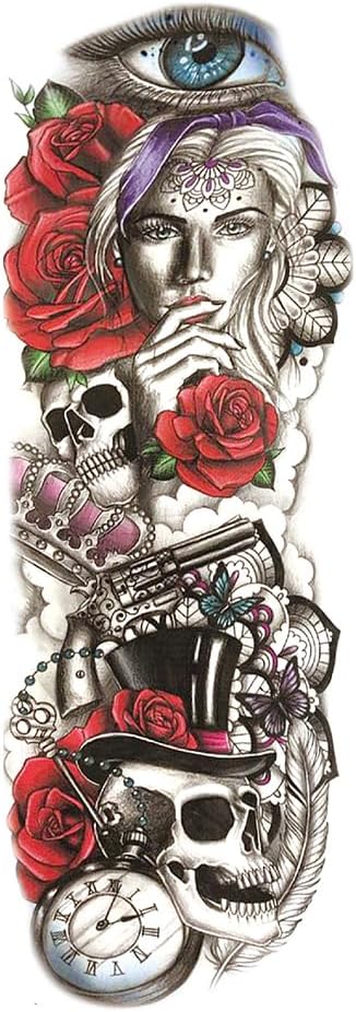 Yesallwas Full Arm Flower Skull Temporary Sleeve Tattoos For Women and Men, 2 sheets Full Arm Large Rose Skull Floral Fake Tattoo Sleeve for Arm Shoulder leg Sexy Body Art Tattoos