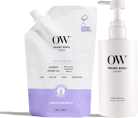 Organic Works Lavender Shower Gel Starter Pack-500ml, Hydrating Hypoallergenic Body Wash with Geranium Oil & Aloe Vera-Oil Control, Skin Firming, For Dry to Very Dry Skin-Made in UK