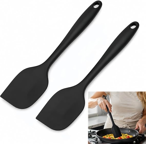 Set of 2 Large Silicone Spatulas 27.5 cm - Heat Resistant, Non-Stick and Safe (BPA Free) - Versatile Kitchen Utensils for Mixing, Stirring, Scraping and Baking (Black)