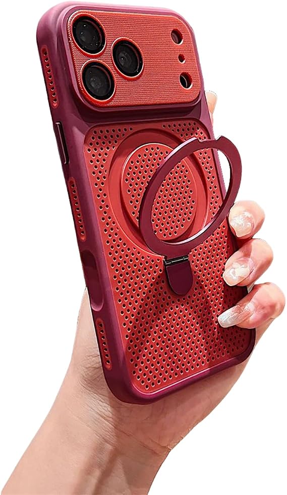 Cooling Case for iPhone 17/16/15 Pro Max, 【Compatible with MagSafe】 Breathable Mesh Mesh Holes Phone Cover with Built-in 120° Rotatable Ring Stand (Red,iPhone 15 Pro Max)