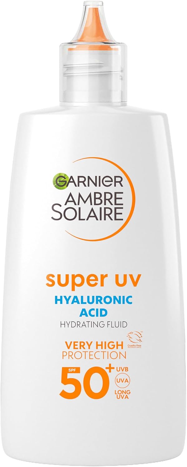 Garnier Ambre Solaire Daily Face SPF Suncreen, Super UV Hyaluronic Acid Hydrating Fluid, SPF 50+, UV Protection, 24H Hydration, With 3% Glycerine & Vitamin E, Invisible Finish, Non-Greasy, Non-Sticky