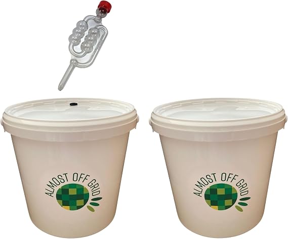 5 Litre Fermentation Buckets x2, one with Lid, Grommet and Airlock, 1 with Solid lid, Homebrewing, winemaking