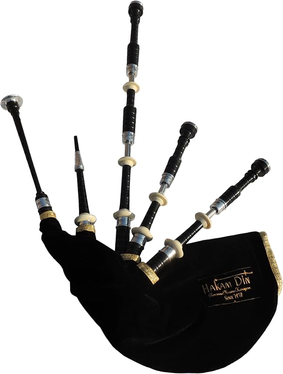 Great Highland Bagpipe with Engraved Nickle Ferrules, Slides and Imitation Ivory Mounts, Scottish Bagpipes for Students Complete Starter Kit including Beginner Guide (Black Velvet)