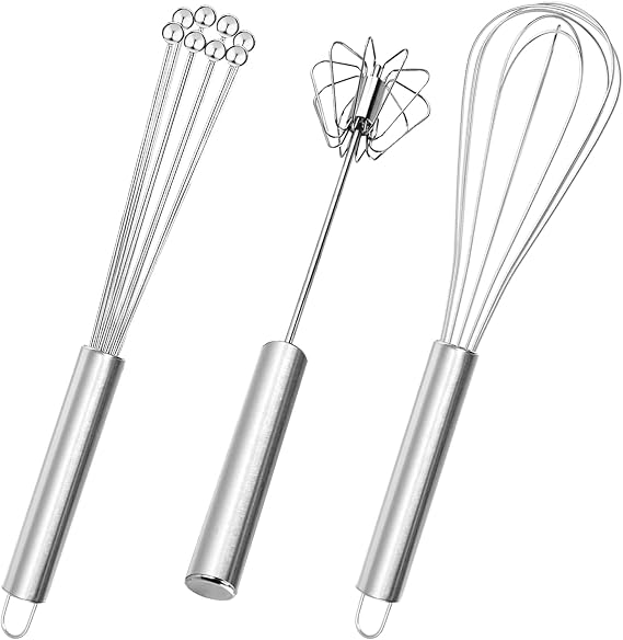 ZoeTekway 3 Piece Kitchen Egg Stainless Steel Whisk Set Includes Balloon Flexi with Beads Semi-Automatic Whisk
