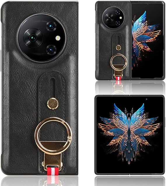 Compatible with Tecno Phantom V Fold Case Cover,PU retro cell phone case with wrist strap Compatible with Tecno Phantom V Fold 5G Case Black