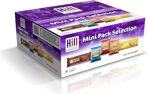 Hills Mini Pack Selection 3pk x 100, Ginger Rings, Shorties, Digestives, Chocolate Cream & Custard Cream, 300 Biscuits in 3.24kg Box, Perfect for afternoon tea and Available for Hampers