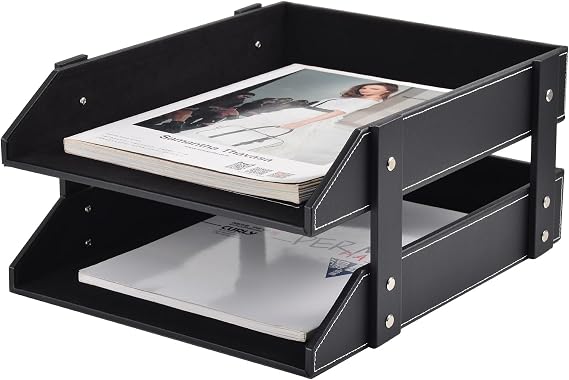 Leather Desk Organizer Stackable for Documents, Folders, Folders, Stationery, Magazines, Mail, Home, Small Objects Desk Organization, Stand (Black)