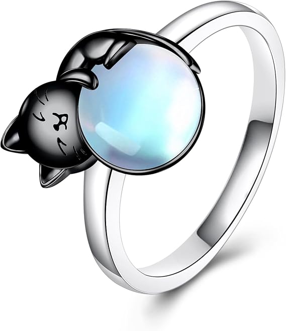 Vadmans Cat Ring Sterling Silver Rose Quartz/Moonstone Animal Rings Jewellery Cats Lovers Gift for Women