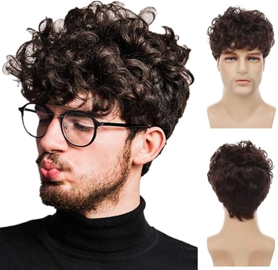 Mens Brown Curly Short Wig Natural Looking Fluffy Male Hair Wigs Heat Resistant Fiber Daily Wig