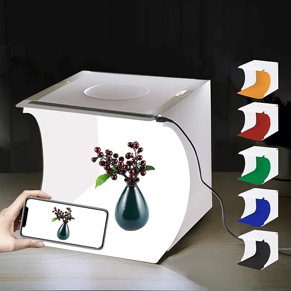 PULUZ Mini Photo Studio Box, 20cm Portable Light box Tent Kit, White Folding Lighting Softbox with 20 LED Lights + 6 Backdrops for Product Display