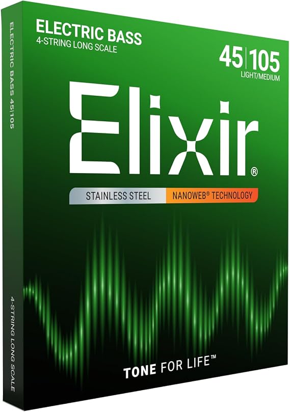 Elixir Strings Stainless Steel 4-String Bass Strings w NANOWEB Coating, Long Scale, Light/Medium (.045-.105)