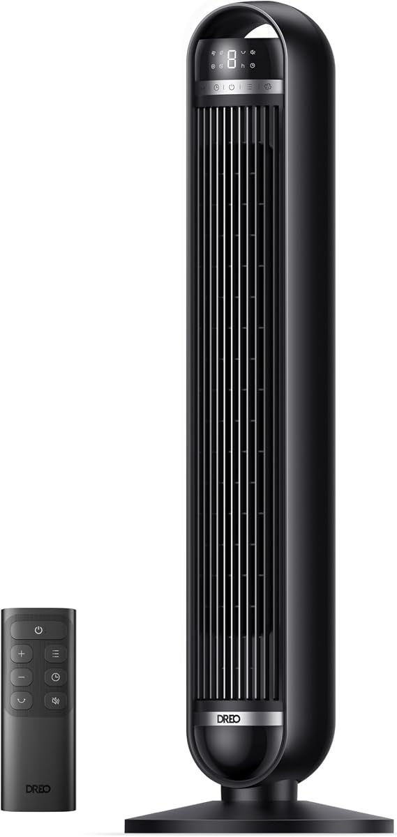 DREO 36 İnç Kule Tipi Fan, Ev ve Yatak Odası Kullanımı, 8,5 m/s Güçlü Hava Akışı, 8 Hız Kademesi, 4 Çalışma Modu, 25 dB Sessiz Kanatsız Tasarım, 90° Salınım, 8 Saat Zamanlayıcı, LED Ekran