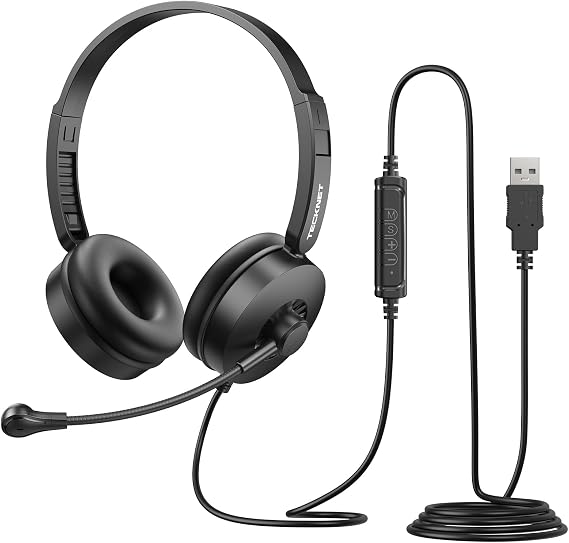 TECKNET USB Headset with Microphone On-Ear Design, PC Headset 2.0 m Cable, In-line Volume & Mute Control, USB-A Plug & Play Wired Headsets with Microphone for PC/Laptop Home Office Teams Zoom