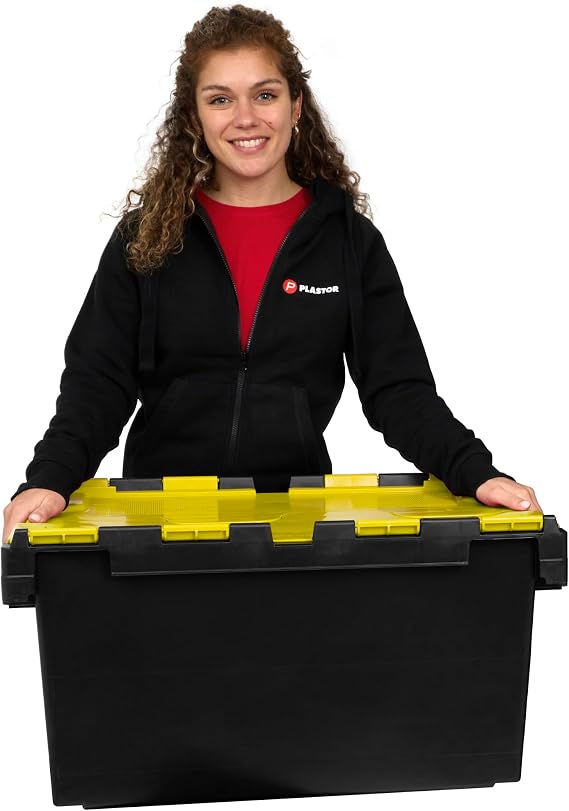 Plastor 1 x Large Plastic 80 Litre Heavy Duty Storage Box (71 x 46 x 36.8cm) Black and Yellow LC3 Crate with Attached Hinged Lid