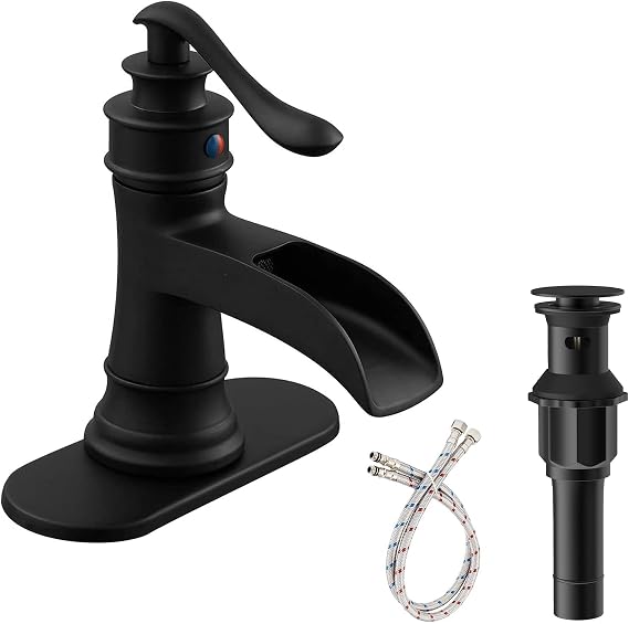 Waterfall Bathroom Faucet Commercial Single Handle Bath Lavatory Sink Vanity Faucets One Hole Basin Tap Matter Black Matching Pop Up Drain with Overflow