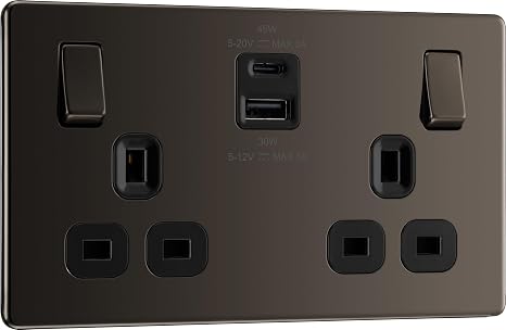 BG Electrical 45W Double Switched Power Wall Plug Socket with Super Fast Charge Type A and C USB Ports, Screwless, Flatplate, Black Nickel, 13A, FBN22UAC45B