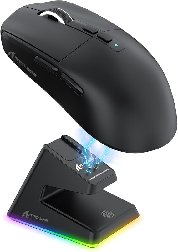 ATTACK SHARK X6 49g Süper Hafif Kablosuz Gaming Mouse – Manyetik Şarj İstasyonlu, PixArt PAW3395 Sensör, 26000 DPI, BT/2.4G/Kablolu Üçlü Mod, Windows 11 Uyumlu – Black