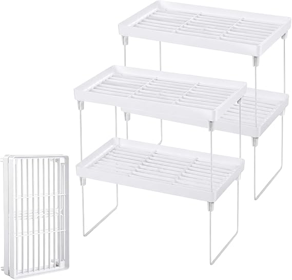 4-Pack Stackable Kitchen Storage Shelves, Foldable Cabinet Organizer Rack, Expandable Pantry Shelf Organizer for Countertop, Cupboard, Spice Storage, Dish Rack (4pack White)