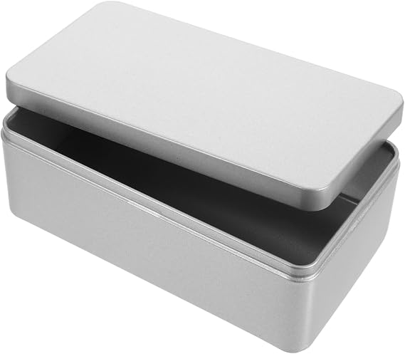 Rectangular Tin Storage Tin, Gift Tin Box with Lid, Large Capacity, Silver, 7.1 x 3.8 x 2.6 inches 18 x 9.8 x 6.5 cm, Convenient to Carry, Airtight, Moisture Proof, Perfect for Organizing