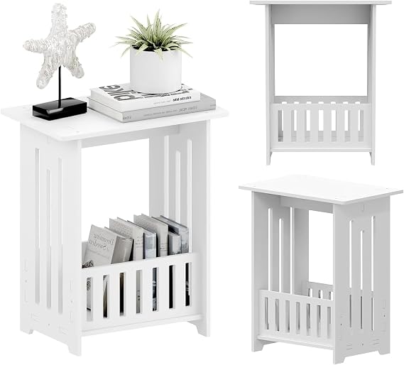 Narrow Side Table with Storage Shelf Basket, Thin Occasional Table and Small Side Tables, End Tables, PVC Durable Waterproof Bedside Cabinets, Nightstand for Living Room, Bedroom, Sofa