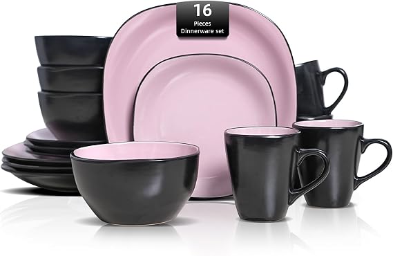 HomeVSS Square Dinner Set, 16 Piece Stoneware Set for 4, Ceramic Plates and Bowls Set with Mug, Dishwasher & Microwave Safe, Chip and Scratch Resistant, Pink and Black