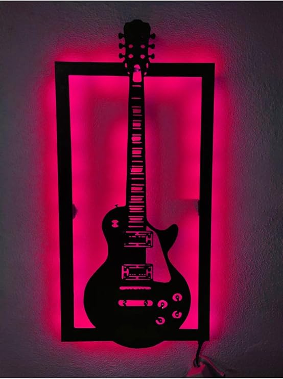 Gitar Led Işıklı Ahşap Tablo Pembe 55x40 cm, elektro