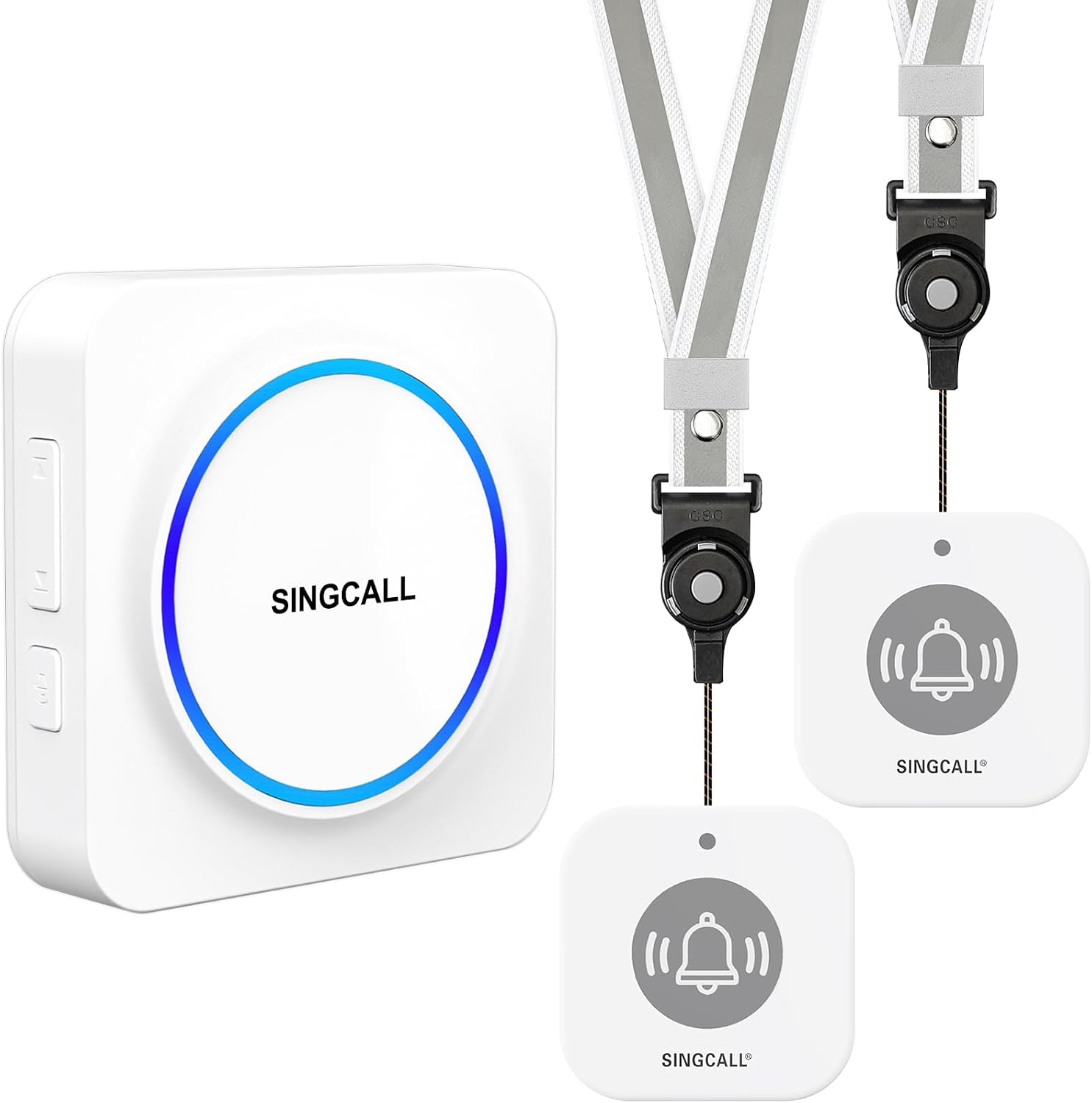 SINGCALL Wireless Portable Caregiver Pager Panic Alarm System Personal Alarm for ElderlyKidsPregnantPatients 32 Chimes & 0-100dB Volume 1 Rechargeable Portable Receiver 2 Emergency Call Buttons