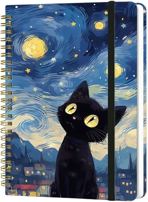 Spiral Notebook - A5 Spiral Notebooks, 8.3'' 5.8'', 160 Pages, Aesthetic Journaling Notebooks for Women, College Lined Notebook with Elastic Closure, Back Pocket, for School Office, Cat Sky