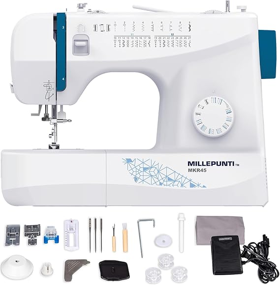 MILLEPUNTI Sewing Machine with 25 Stitches Automatic Needle Threader and Bobbin Winder Include 4 Feet and Accessories Perfect for Beginners Quilting and DIY MKR45