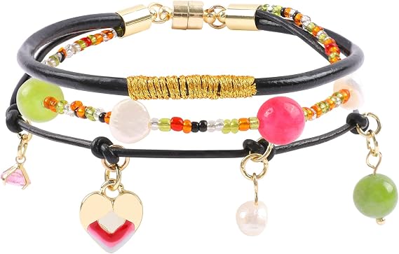 IDEAJOY Handmade Wrap Bracelets for Women Green Beaded Black Faux Leather Bohemian Braided String Bracelets for Women Boho Jewelry Gift