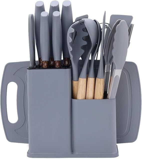 Kitchen Knife Set, 19 Piece Kitchen Utensils Package Including 5 Knives and 13 Silicone Kitchen Utensils, 1 Storage Box (Grey)