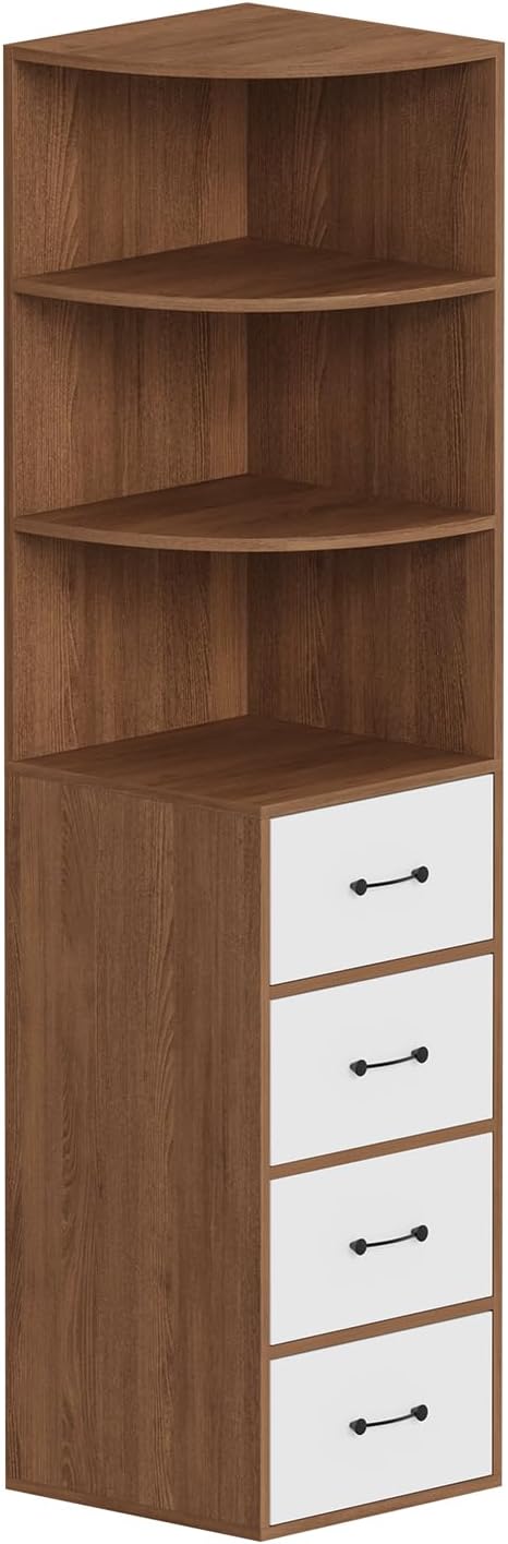 Tall Slim Wood Cabinet with 4 Drawers 3 Shelvesfor Corner Bathroom Living Room Bedroom Kitchen, Utility Unit Storage Cupboard Bookcase Sideboard Home Office (White+Walnut, 40Dx40Wx170Hcm)
